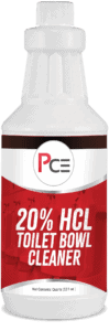 A white bottle labeled 20% HCL Toilet Bowl Cleaner, featuring red accents and containing one quart (32 fl oz).