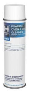 A can of Husky Foaming Oven & Grill Cleaner with a white and blue label, detailing its industrial strength, usage instructions, and safety warnings about corrosive dangers.