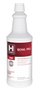 A white bottle of Husky Bowl Pro 300 acidic toilet bowl cleaner with a red label, listing features like deodorizing, removing stains, and containing 9.5% hydrochloric acid.