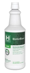 White plastic bottle of Husky BioticBlast Bio-Enzymatic Multi-Purpose Cleaner & Drain Maintainer with a green and white label, ribbed neck, and safety warning.