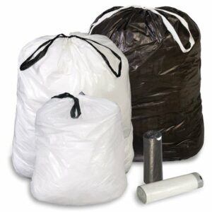 Two filled white trash bags made with 24in. x 28in. 0.9Mil White Drawtape Liners, one filled black garbage bag, and two rolls of trash bags—one white and one black—are displayed against a white background.