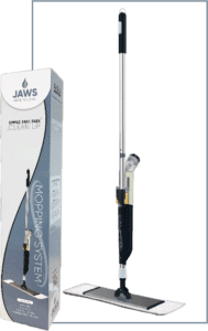 The JAWS Professional Mopping System is shown next to its product box. The mop features a long handle, a rectangular flat base, and a cleaning solution bottle attached below the handle.